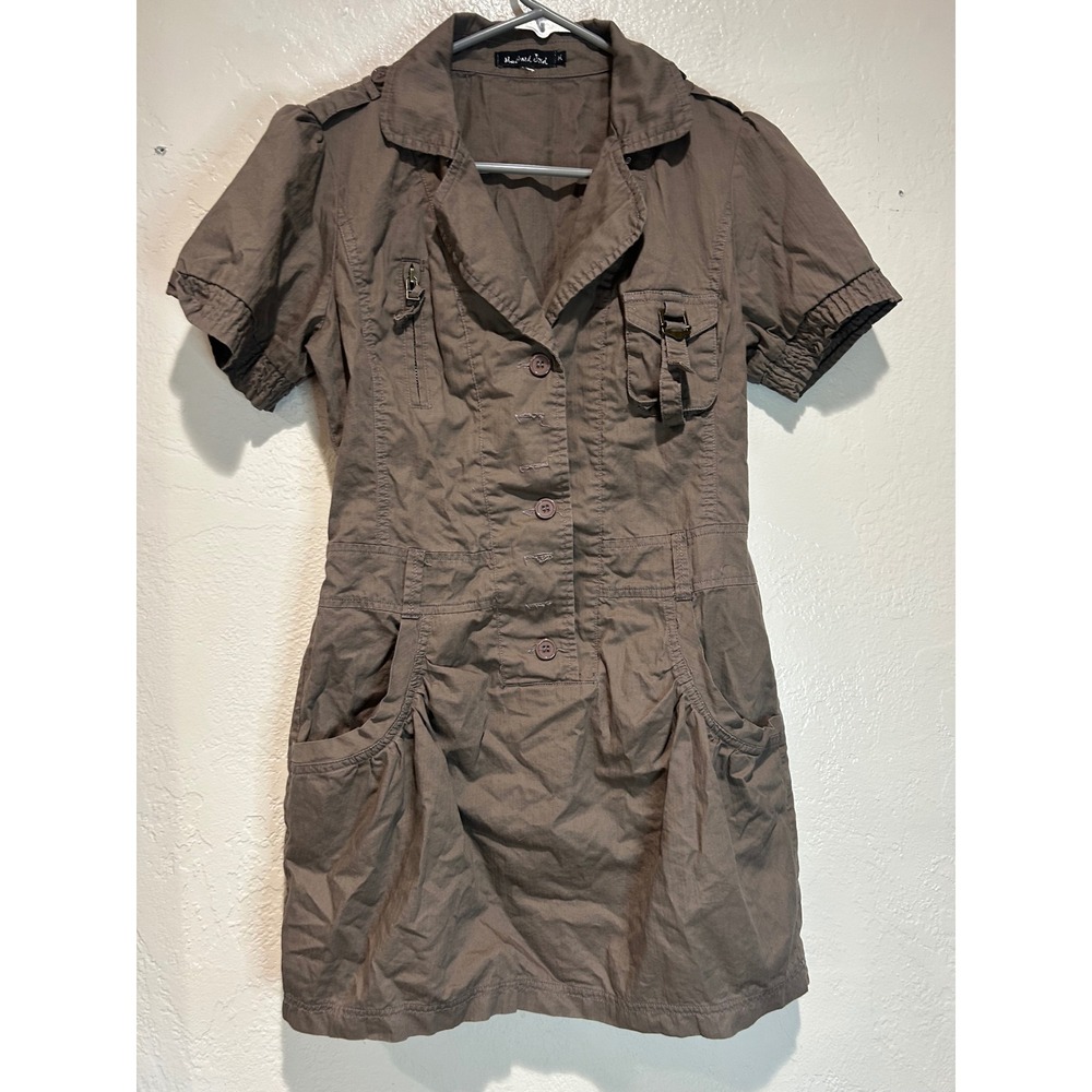 Mustard Seed Womens Utility Safari Mini Dress Brown Short Sleeve Button Front M